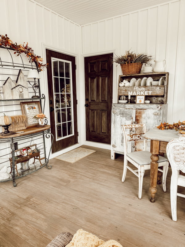 Baker's rack and vintage ice box  for Fall Screen porch Autumn Tour