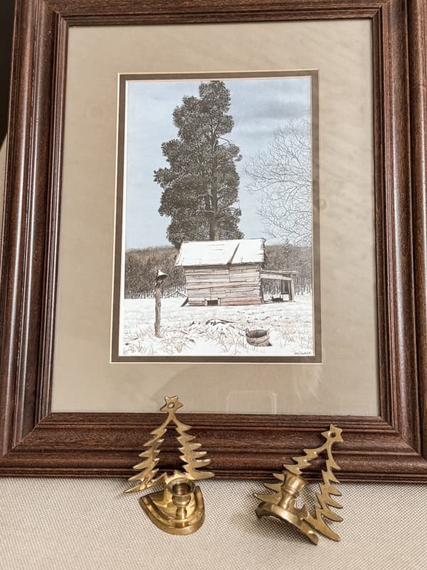 Thrift Store finds - Bob Timberlake print and brass Christmas Tree candleholders. 