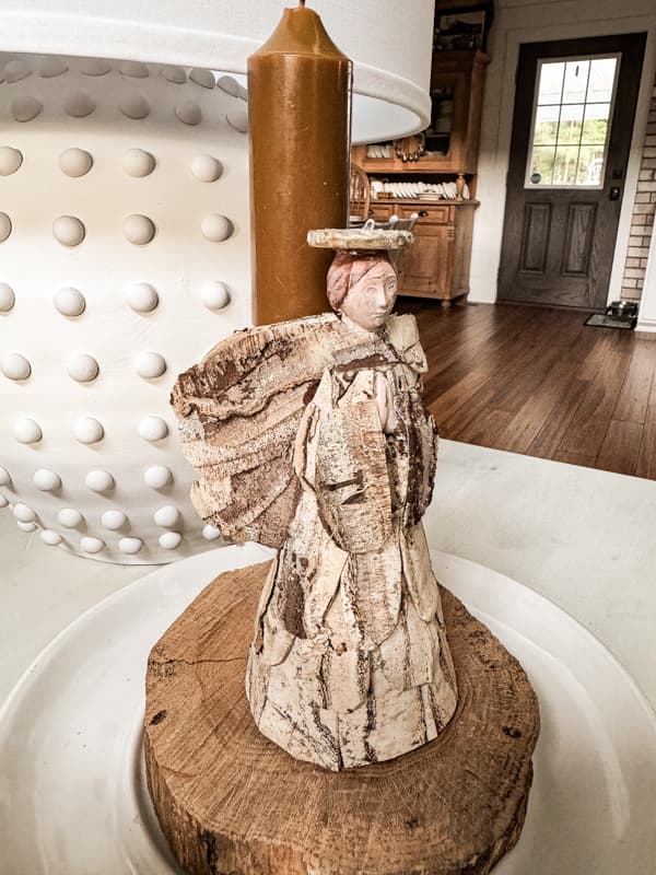 Birch Bark Christmas Angel Candlestick Holder on wooden base with hobnail DIY Lamp