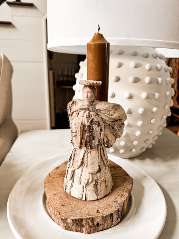 Birch Bark Christmas Angel Candlestick Holder on wood base with hobnail DIY lamp