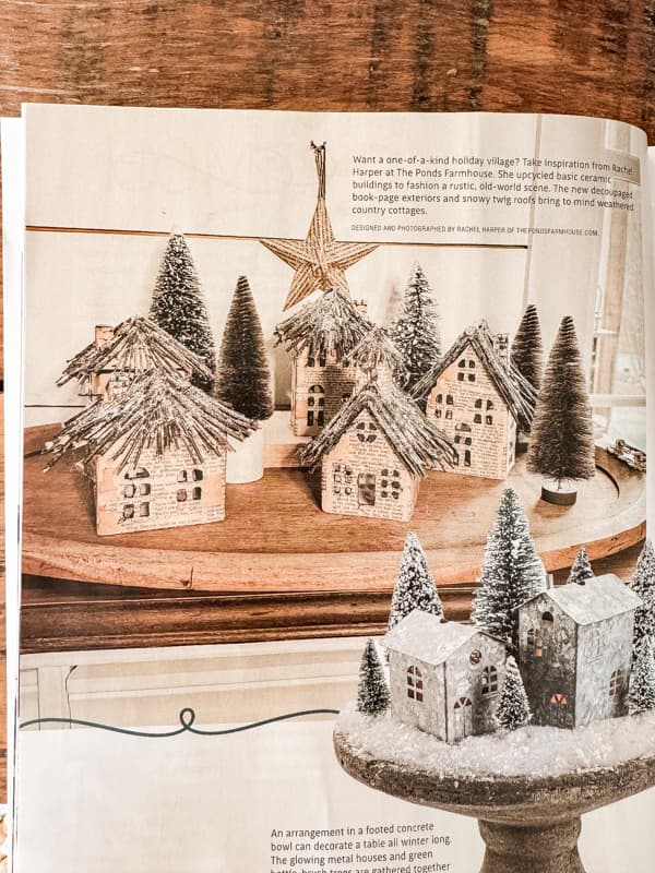 Featured in Farmhouse Style Magazine - Old Book Page rustic Christmas Village DIY