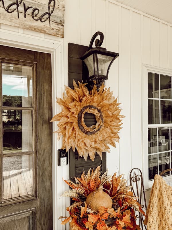 DIY Faux Corn Stalk Wreath with sweet gum balls