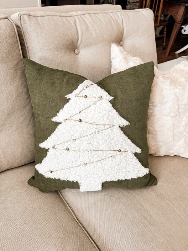 DIY Christmas Tree Pillow Cover with beads and gold thread.