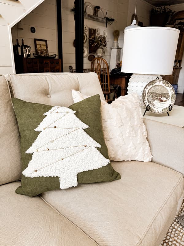 Christmas Tree Pillow cover with white sherpa fabric and olive green chenille pillow covers