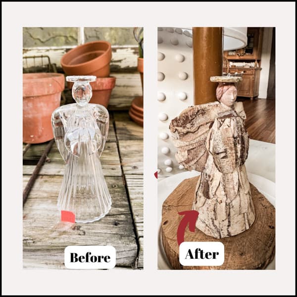 Before and After Thrifted Glass Angel transformed into a DIY Birch Bark Christmas Angel.