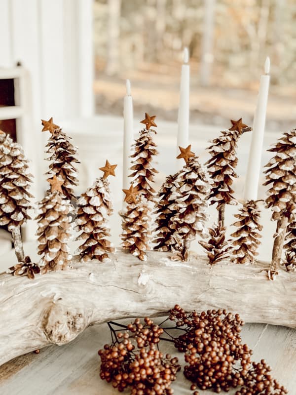 Pinecone Christmas Decoration for table centerpiece with foraged pinecones and tree branch.  