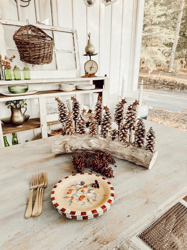 Easy Pinecone Christmas Tree Centerpiece on Screened porch. 