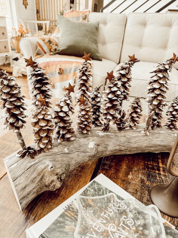 Pinecone Christmas Decoration for coffee table centerpiece with foraged pinecones and tree branch