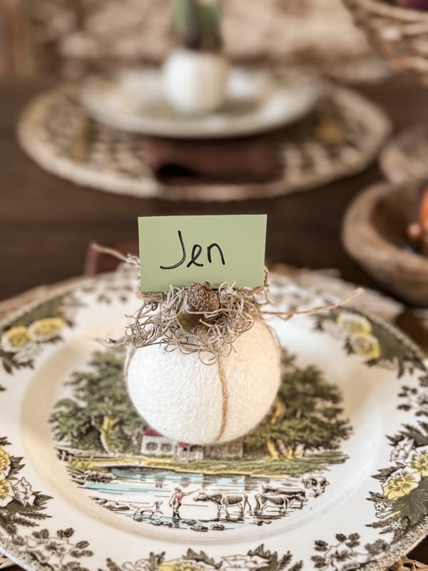 DIY Pumpkin Craft with Wool Dryer Balls and foraged materials used as a fall table place card holder