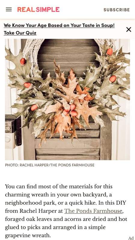 REAL Simple Magazine Fall foraged oak leaf wreath feature.