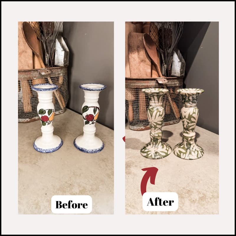 Before and After DIY Candlestick Holder with Napkin Decoupage technique.