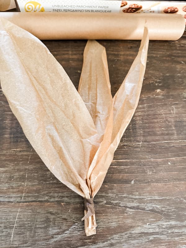 DIY Faux corn husk wreath made from parchment paper.