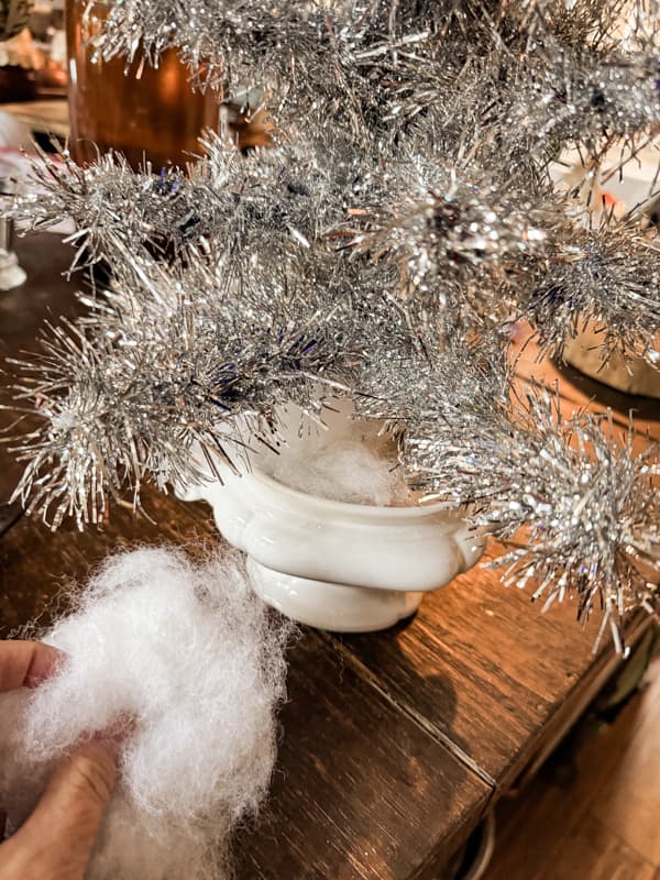 add cotton polyfill to the vintage tureen to fill around the DIY Christmas Tree