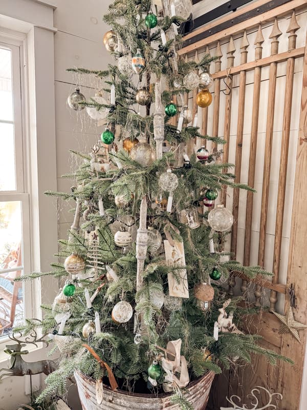 Vintage Christmas Ornaments made from architectural salvage and vintage chandelier crystals on Christmas Tree