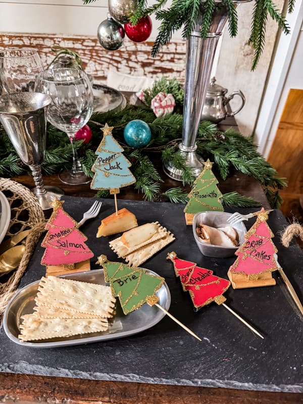 DIY Cheese Markers in colorful colors using Dollar Tree Supplies for Customized Appetizer Markers on slate tray