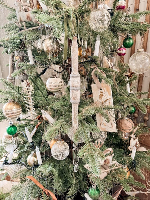 Vintage Christmas Ornaments made from architectural salvage and vintage chandelier crystals on Christmas Tree.