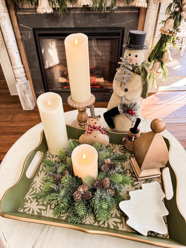 Upcycled Tray with Christmas vignette of snowmen and candles