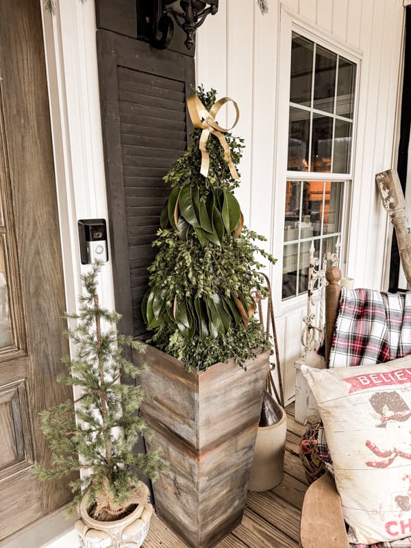 Christmas Greenery Trees for outdoor front porch decor.  