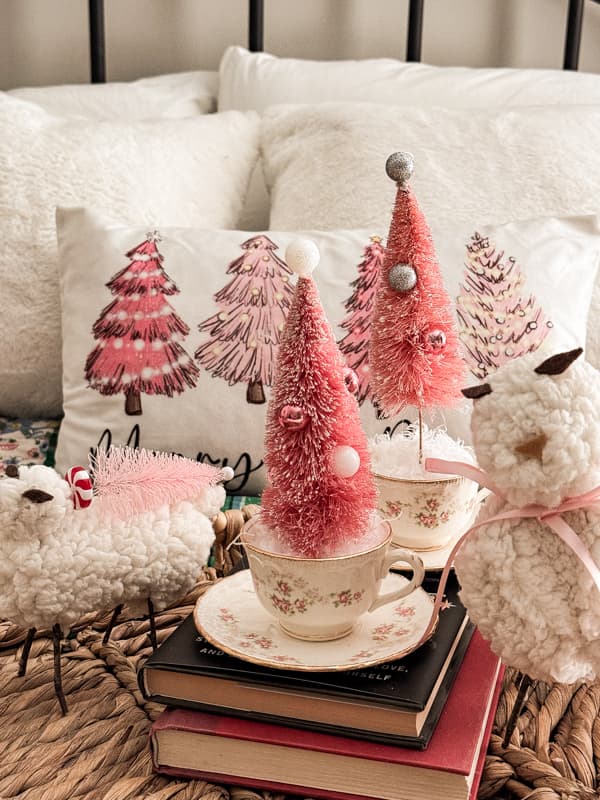 Pink Bottle Brush Trees for An Anthropologie Style Display in vintage tea cups.  