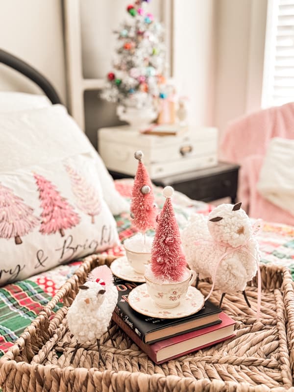 Pink Bottle Brush Trees for An Anthropologie Style Display in vintage tea cups