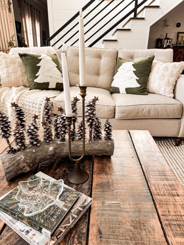 Pinecone Christmas Tree Centerpiece and DIY Christmas Pillows. 