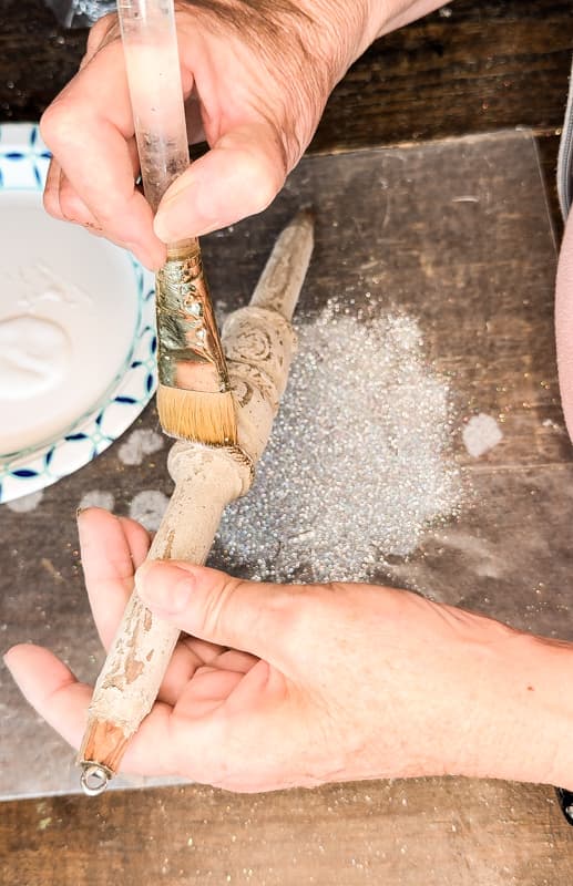 Brush glue onto Architectural salvage Vintage Christmas ornaments