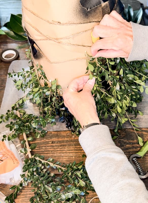 Attach boxwood to DIY Outdoor Christmas Greenery Tree Topiaries for Holiday Porch Decor