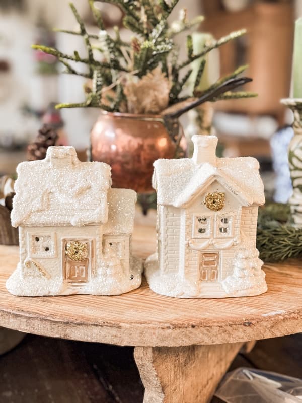 After - upcycled Christmas Houses Decor Ideas with crystal and gold glitter.  