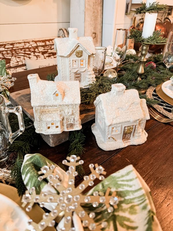 Christmas Houses Village as centerpiece on Holiday Dining Table.  