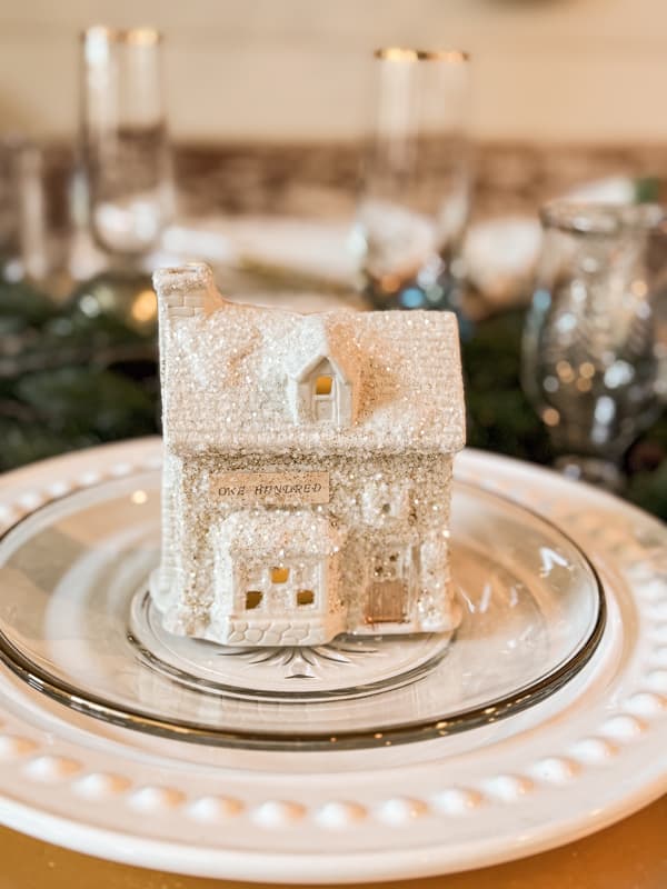 Christmas House with old book page street number on dining room dinner plate 