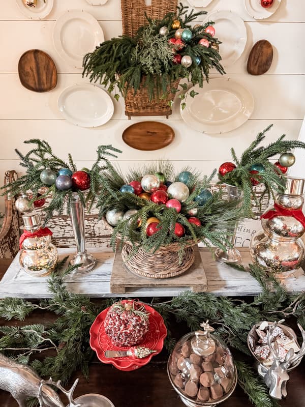 Christmas Party Table Centerpiece with vintage Christmas Ornaments,.