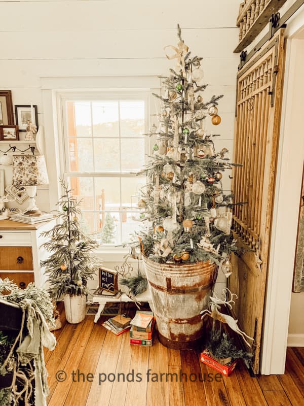 Christmas Tree 2024 with vintage ornaments and upcycled architectural salvage ornaments.  