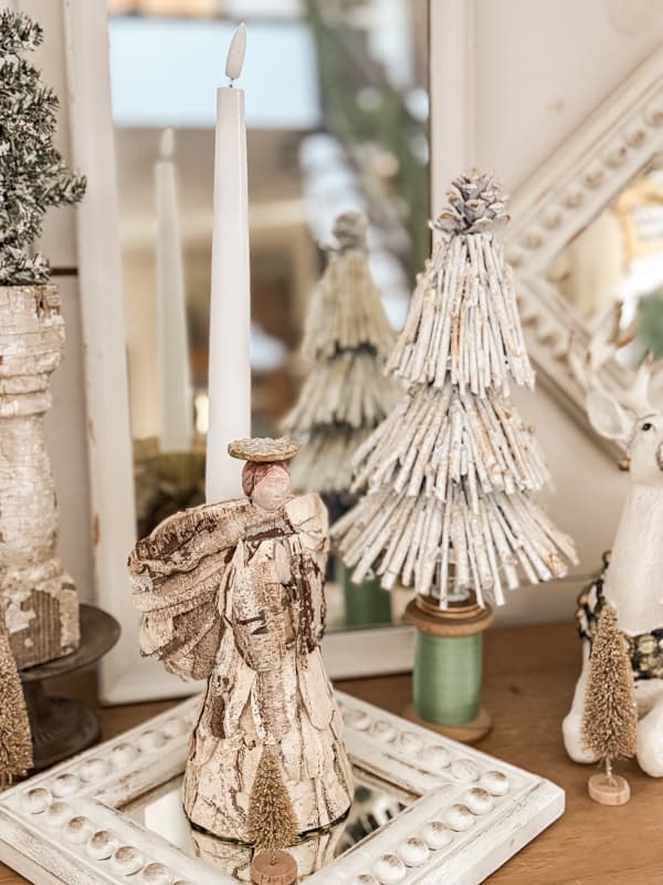 DIY Twig Christmas Tree with thrifted birch bark angel on entry table