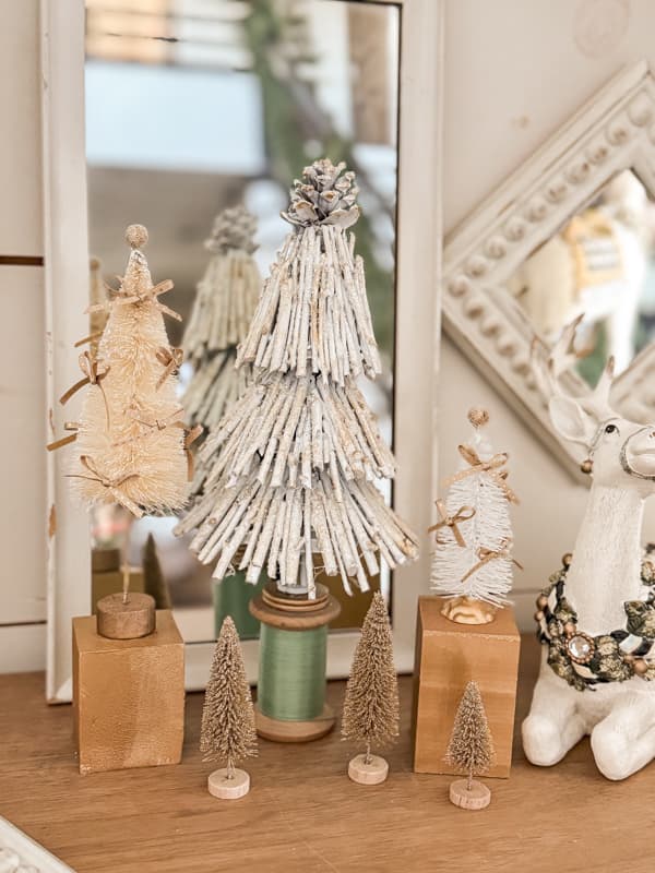 DIY Twig Christmas Tree with bottle brush trees on entry table