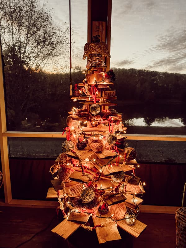 Shiplap Christmas Tree on screened porch 