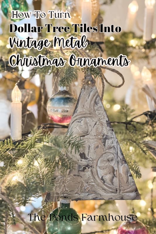 Turn Dollar Tree Tiles into Vintage Metal Christmas Ornaments.  