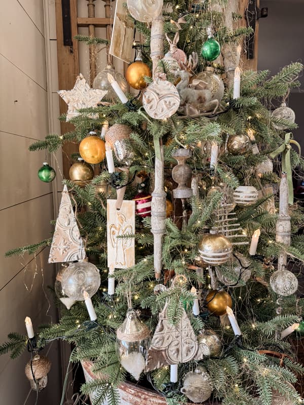 Christmas Tree filled with DIY, Upcycled Vintage Architectural salvage, and hot glue ornaments.  