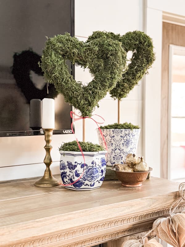 2 DIY Heart Topiaries for Valentine's Day Decor on Shabby Chic Mantel