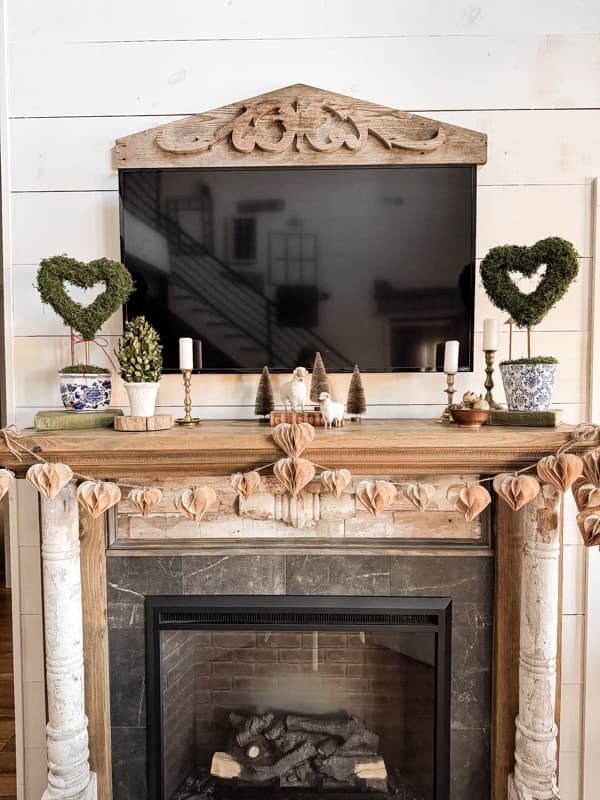 DIY Heart Topiaries for Valentine's Day Decor on Shabby Chic Mantel