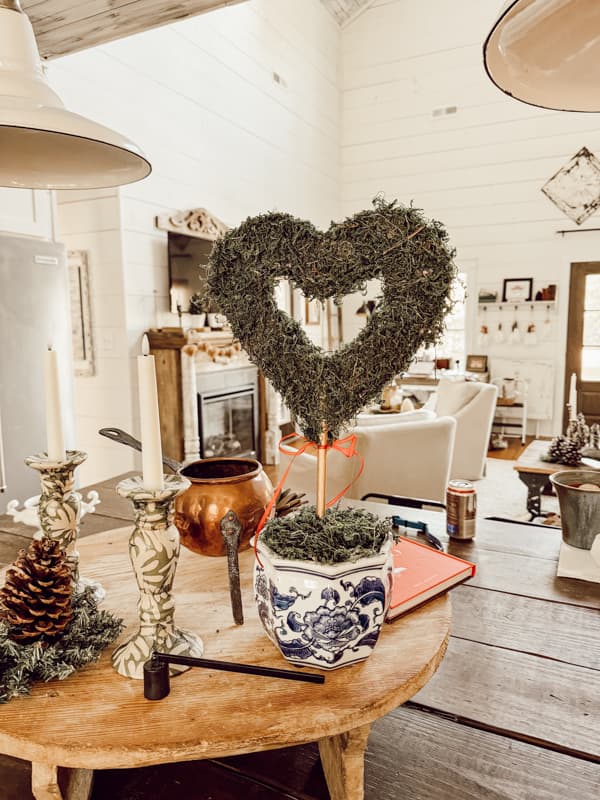 Backside of Moss Heart topiary on kitchen island