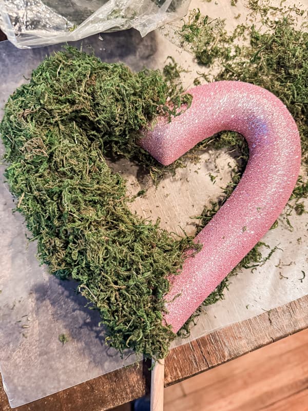 Adding reindeer moss to Dollar tree Valentine's Decor Styrofoam Heart.  